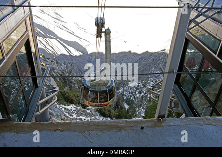 Palm Springs Aerial Tramway arrives at Mountain Station, 8516 feet, Largest rotating aerial tramway in the world. Stock Photo