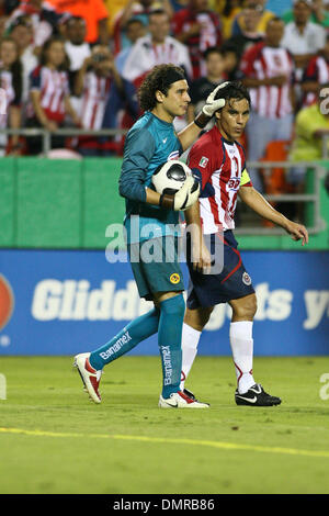 16 September 2009: Club America goalkeeper Guillermo Ochoa finishes talking  to Ramon Morales after he was called offsides and contined after the ball.  Chivas Guadalajara defeated Club America 2-1 in the 205th