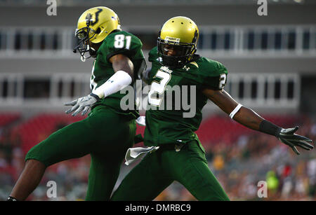 South Florida wide receiver Dontavia Bogan #81 celebrates a touchdown with teammate Carlton Mitchell #2 during the second half of the South Florida versus Charleston Southern college football game held at Raymond James Stadium in Tampa, FL. USF defeated Charleston Southern 59-0. (Credit Image: © Chris Grosser/Southcreek Global/ZUMApress.com) Stock Photo