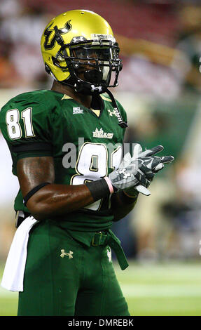 South Florida wide receiver Dontavia Bogan #81 during the pre-game warm up session before the first half of the South Florida versus West Virginia college football game held at Raymond James Stadium in Tampa, FL. (Credit Image: © Chris Grosser/Southcreek Global/ZUMApress.com) Stock Photo