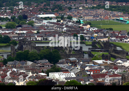 View over Caerphilly Castle and town, Mid Glamorgan, Wales, United Kingdom Stock Photo