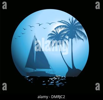 Summer background with palm trees and a yacht Stock Vector