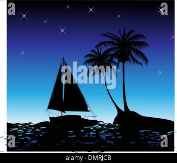 Summer background with palm trees and a yacht Stock Vector