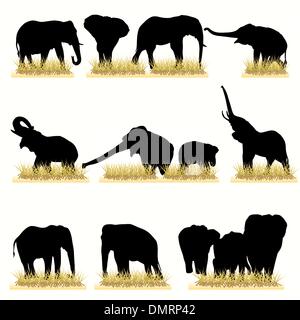 12 Elephants Silhouettes Set Stock Vector