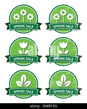 Spring sale retro green round labels - grunge style Stock Vector
