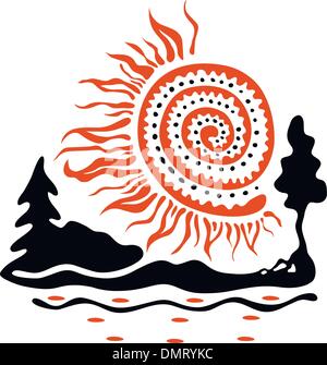 Sun with forest and river Stock Vector