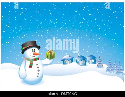 snowman, gift, village and decorated tree Stock Vector