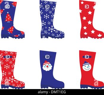 Retro Christmas wellington Boots set isolated on white Stock Vector