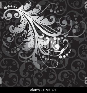 Floral silver design element on black swirls pattern Stock Vector