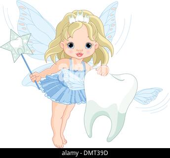 Cute Tooth Fairy flying with Tooth Stock Vector