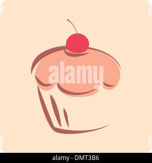 Retro vector cupcake silhouette with red cherry on top and beige background Stock Vector