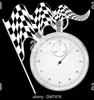 Black background with checkered flag and stopwatch Stock Vector