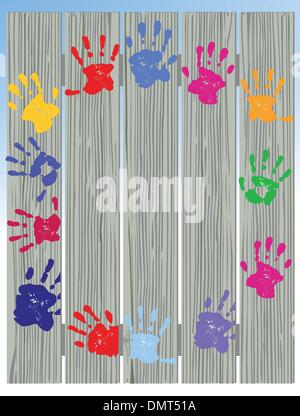 Children hand prints on fence Stock Vector