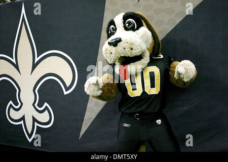 New Orleans Saints mascot "Gumbo" shakes hands with Wallace Lucas Jr