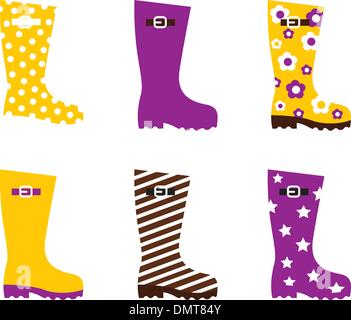 Wellington fashion boots isolated on white - yellow & pink Stock Vector
