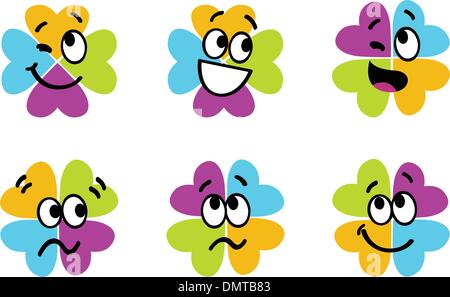 Cute colorful four leaf clover collection isolated on white Stock Vector