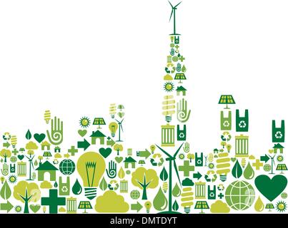Green City silhouette with environmental icons Stock Vector