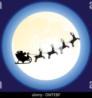 vector santa claus and deers flying in front of the moon Stock Vector