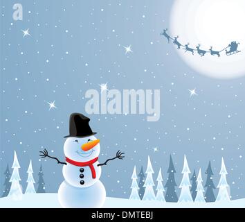 vector snowman, flying santa claus and deers Stock Vector