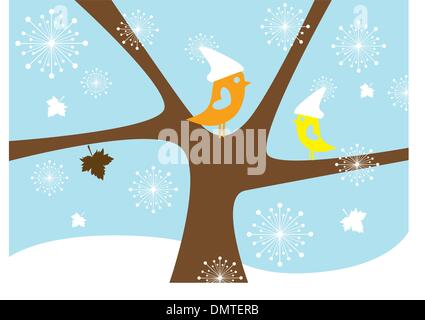 Free Vector  Winter tree with birds. season nature, snow on wood,  snowflake and plant, vector illustration