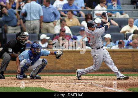 Cleveland Indians left fielder Matt LaPorta fouls the ball off the groin of Kansas City Royals catcher Miguel Olivo during the Indians 4-2 victory over the Royals at Kauffman Stadium in Kansas City, MO (Credit Image: © Jacob Paulsen/Southcreek Global/ZUMApress.com) Stock Photo