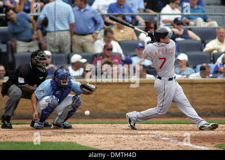 Cleveland Indians left fielder Matt LaPorta fouls the ball off the groin of Kansas City Royals catcher Miguel Olivo during the Indians 4-2 victory over the Royals at Kauffman Stadium in Kansas City, MO (Credit Image: © Jacob Paulsen/Southcreek Global/ZUMApress.com) Stock Photo