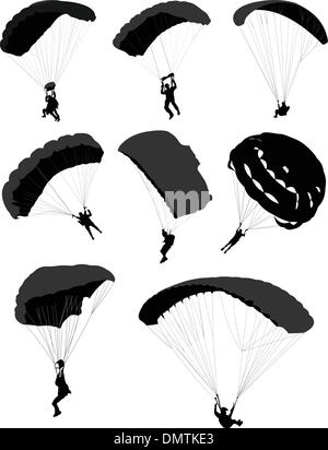 Big set of parachutists in flight Stock Vector