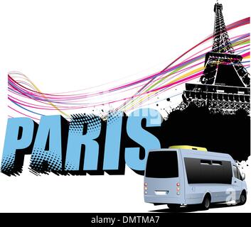 3D word Paris on the Eiffel tower grunge background with tourist Stock Vector
