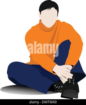 Sitting young man on the floor. Vector illustration Stock Vector
