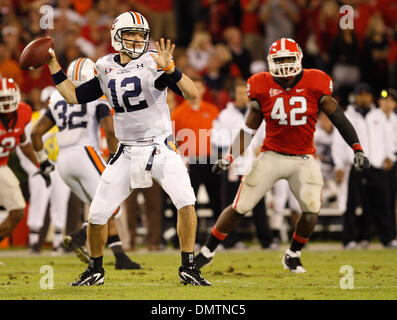 Auburn quarterback Chris Todd (12) drops back to pass at the game against Georgia in Sanford Stadium at the University of Georgia in Athens, Ga., on Saturday, November 14, 2009.  Georgia won the game 31-24. (Credit Image: © Daniel Shirey/Southcreek Global/ZUMApress.com) Stock Photo