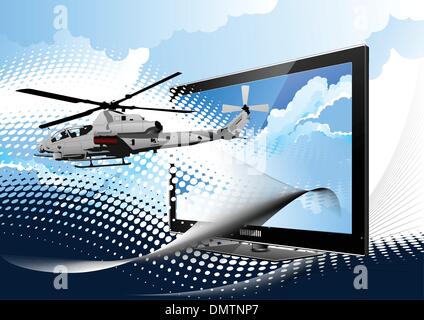 Air force. Combat helicopter on the dotted background and displa Stock Vector