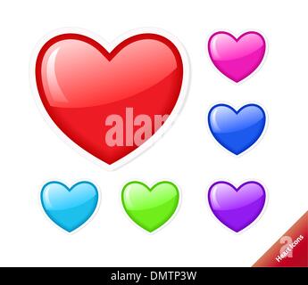 Aqua style set of vector heart icons. Different colors, any size Stock Vector