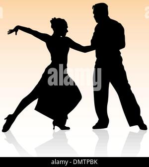 Vector silhouette of couple dancing tango on warm color backgrou Stock Vector