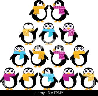 Cute Penguins creating Christmas Tree isolated on white Stock Vector