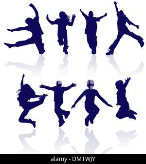 Boys and girls jumping vector silhouette with reflections. Stock Vector