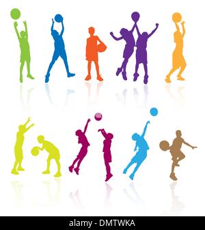 Silhouettes of children jumping and playing basketball with refl Stock Vector