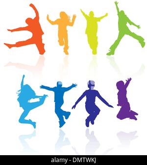 Boys and girls jumping vector silhouette with reflections. Stock Vector