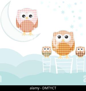 Card with family owls on sky over cloud Stock Vector