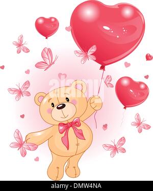 Flying heart balloon with teddy bear and ladybird background Stock ...