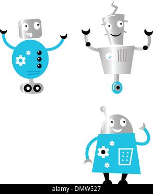 Cute retro robots set isolated on white ( blue and metal ) Stock Vector