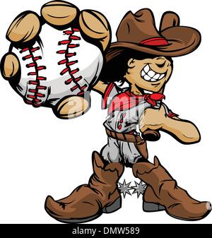 Cartoon Cowboy Kid Baseball Player Stock Vector