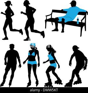 several people in city park - vector silhouettes Stock Vector