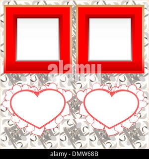 two blank instant photo frames with heart shapes on wood Stock Vector