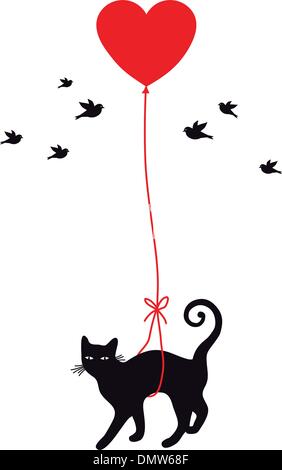 cat with heart balloon, vector Stock Vector