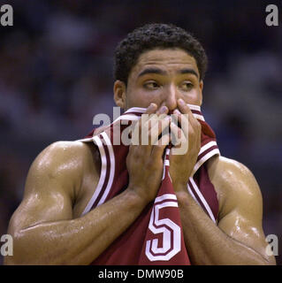 Mar 07, 2002; Los Angeles, CA, USA; Stanford Cardinal's Teyo Johnson, #5, shows his frustration as his team falls behind in the final minutes of their game against the USC Trojans on Thursday, March 7, 2002 during the Pac-10 tournament at the Staples Center in Los Angeles, Calif. USC beat Stanford 103-78. Stock Photo