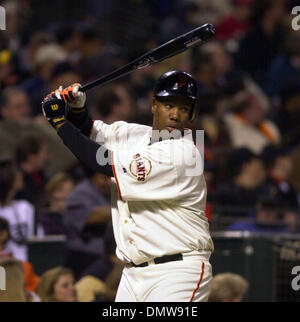 Mar 28, 2002; San Francisco, CA, USA; San Francisco Giants' Barry Bonds,  #25, points to the sky after hitting a homerun in the 4th inning of their  exhibition game against the Oakland