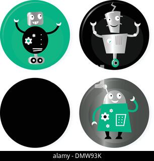 Cute retro robots badget collection isolated on white Stock Vector