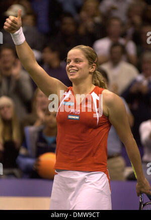 Nov 11, 2002; Los Angeles, CA, USA; Tennis ace KIM CLIJSTERS of Belgium celebrates after defeating number one Serena Williams in the 2002 Home Depot Championships at Staples Center in Los Angeles. Clijsters won 65,000. Stock Photo