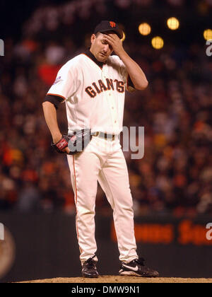 Oct 22, 2002 - San Francisco, CA, USA - SCOTT EYRE failed to cover 1st base on an 8th inning David Eckstein grounder that loaded the bags in Game 3 of the 2002 World Series at San Francisco's Pacific Bell Park Tuesday October, 22, 2002.  (Credit Image: © Karl Mondon/Contra Costa Times/ZUMA Press) RESTRICTIONS: USA Tabloids RIGHTS OUT! Stock Photo