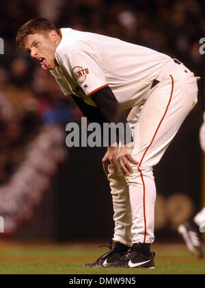 Oct 22, 2002 - San Francisco, CA, USA - J.T. SNOW'S expression after being forced out in an 8th  inning ending double play sums up the Giants lackluster play in Game 3 of the 2002 World Series at San Francisco's Pacific Bell Park Tuesday October, 22, 2002.  (Credit Image: © Karl Mondon/Contra Costa Times/ZUMA Press) RESTRICTIONS: USA Tabloids RIGHTS OUT! Stock Photo